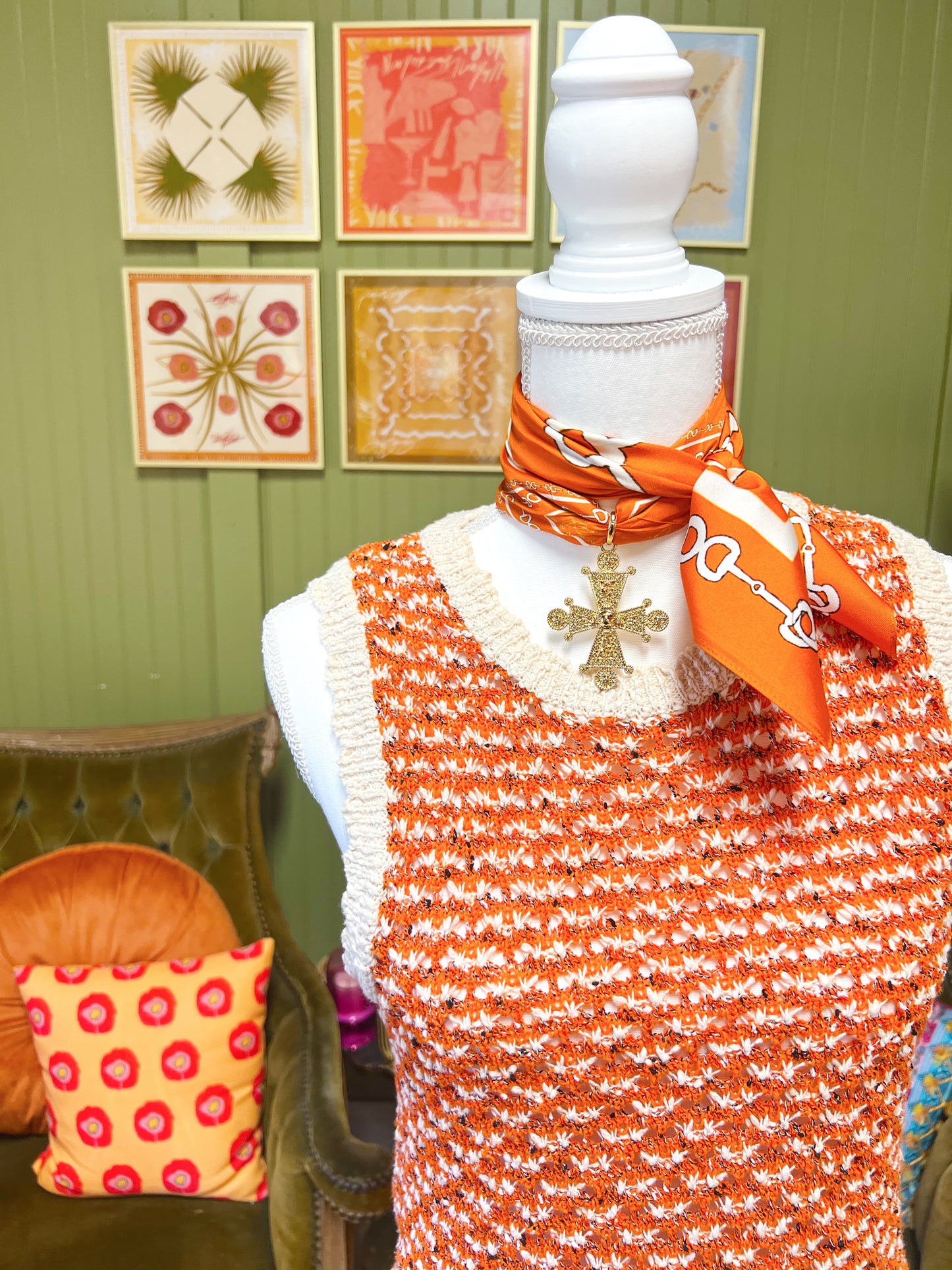 Orange & White Silk Scarf