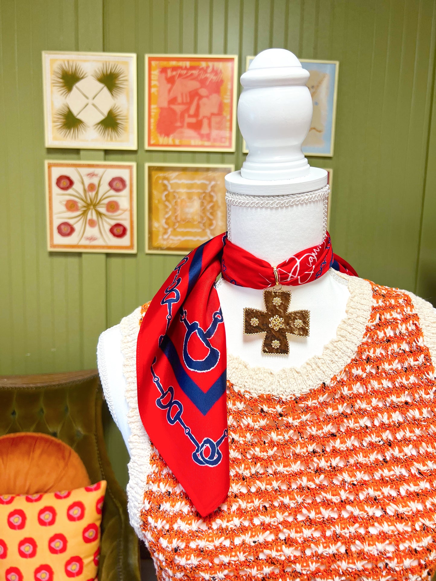 Red & Blue Horsebit Silk Scarf