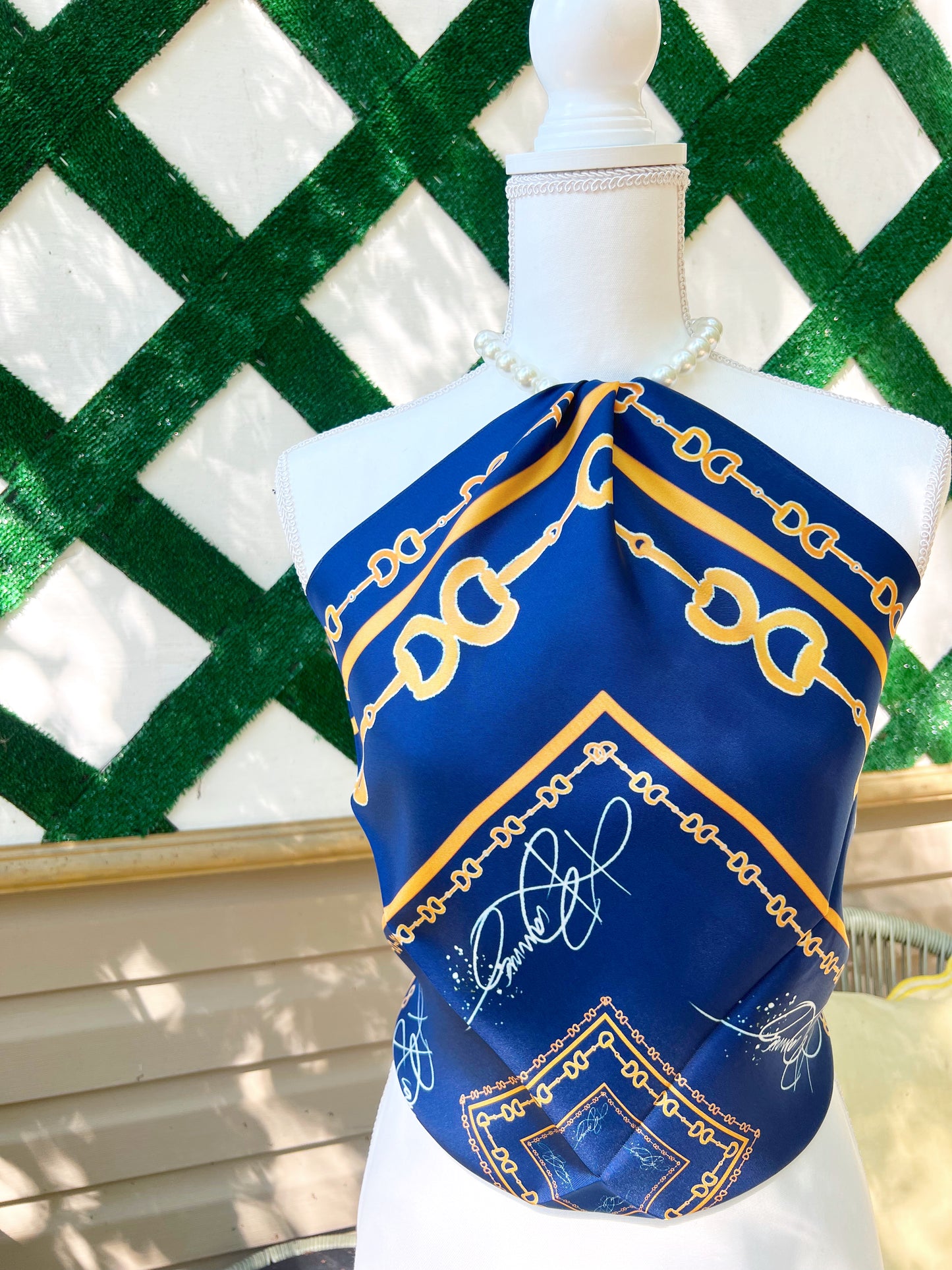 Gold & Navy Horsebit Silk Scarf