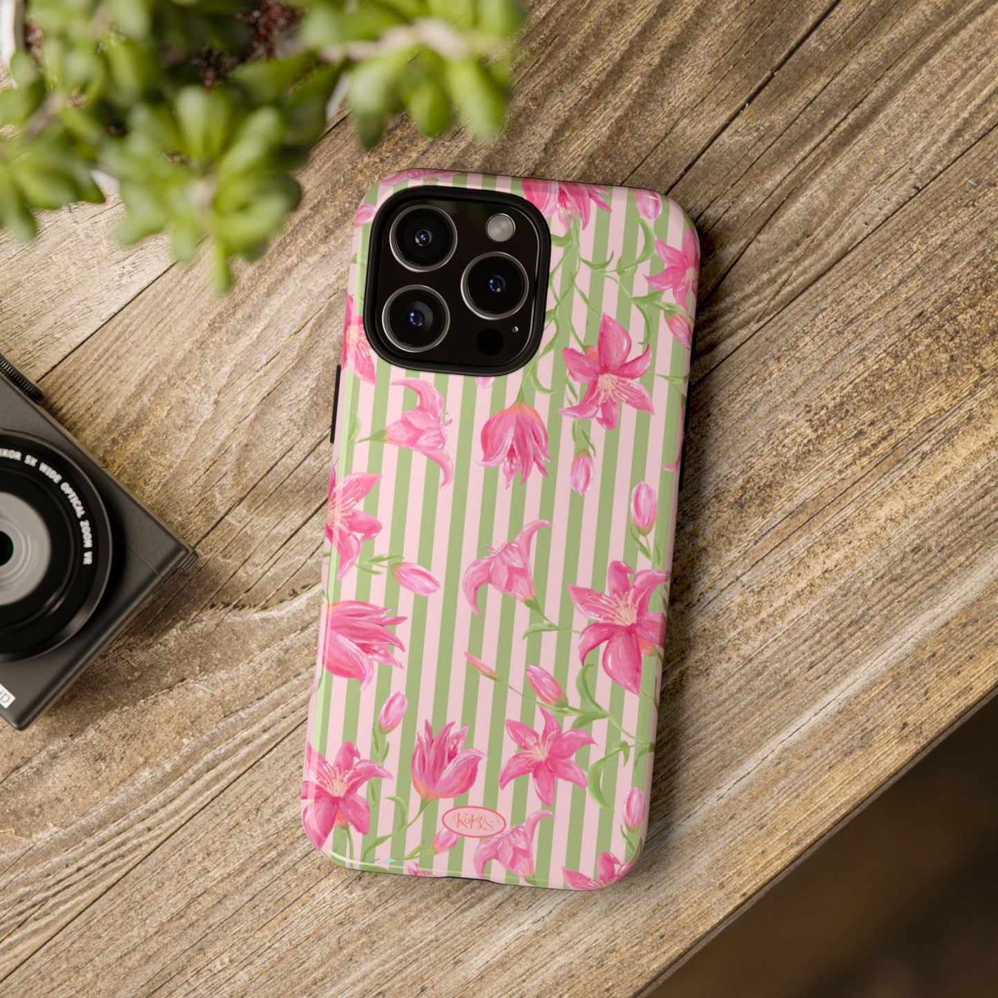 Floral Stripe Tough Phone Case — Pink Lily Pattern