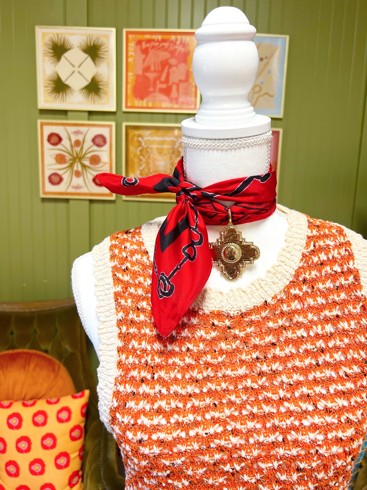 Red & Black Horsebit Silk Scarf