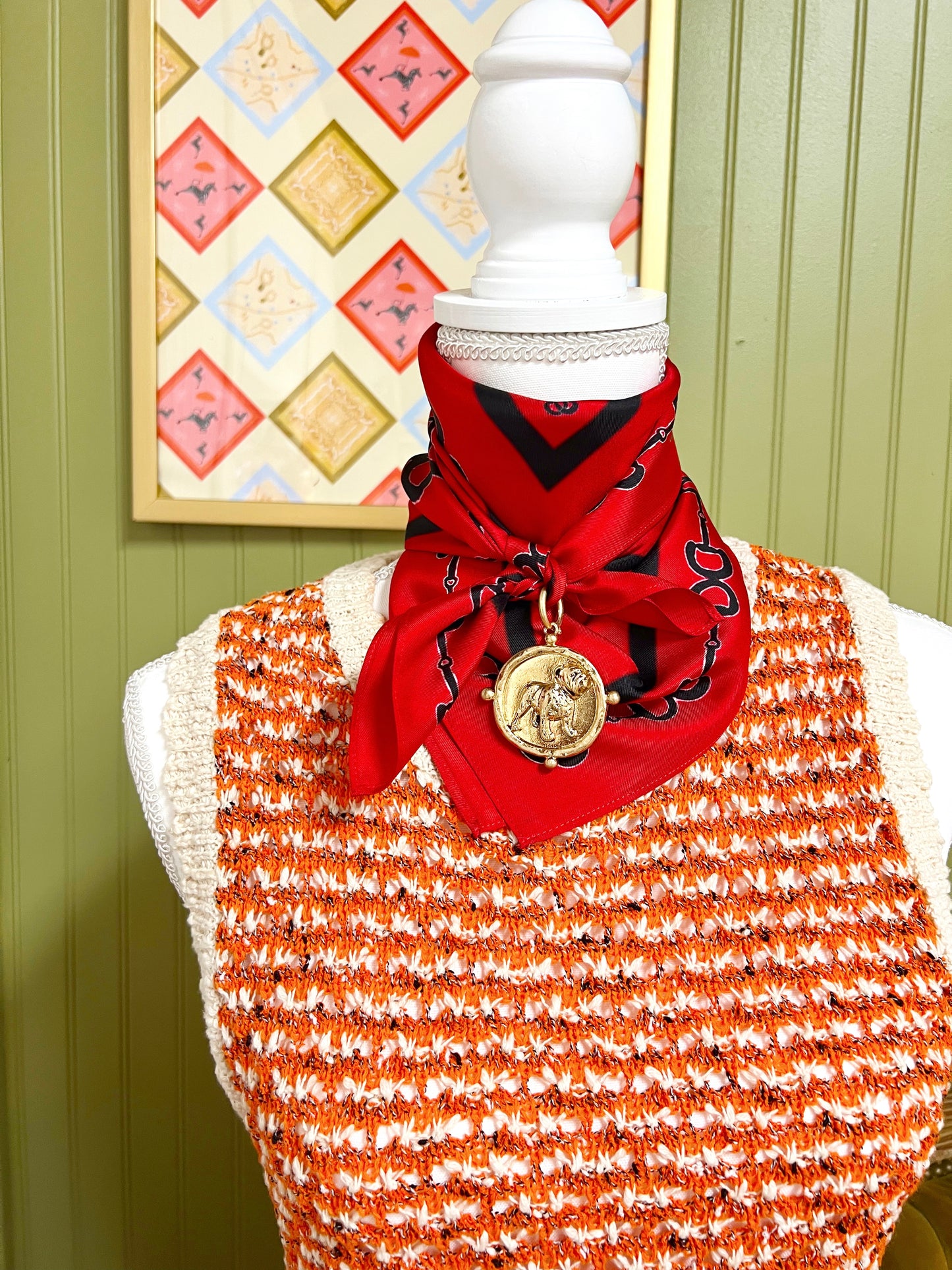 Red & Black Horsebit Silk Scarf