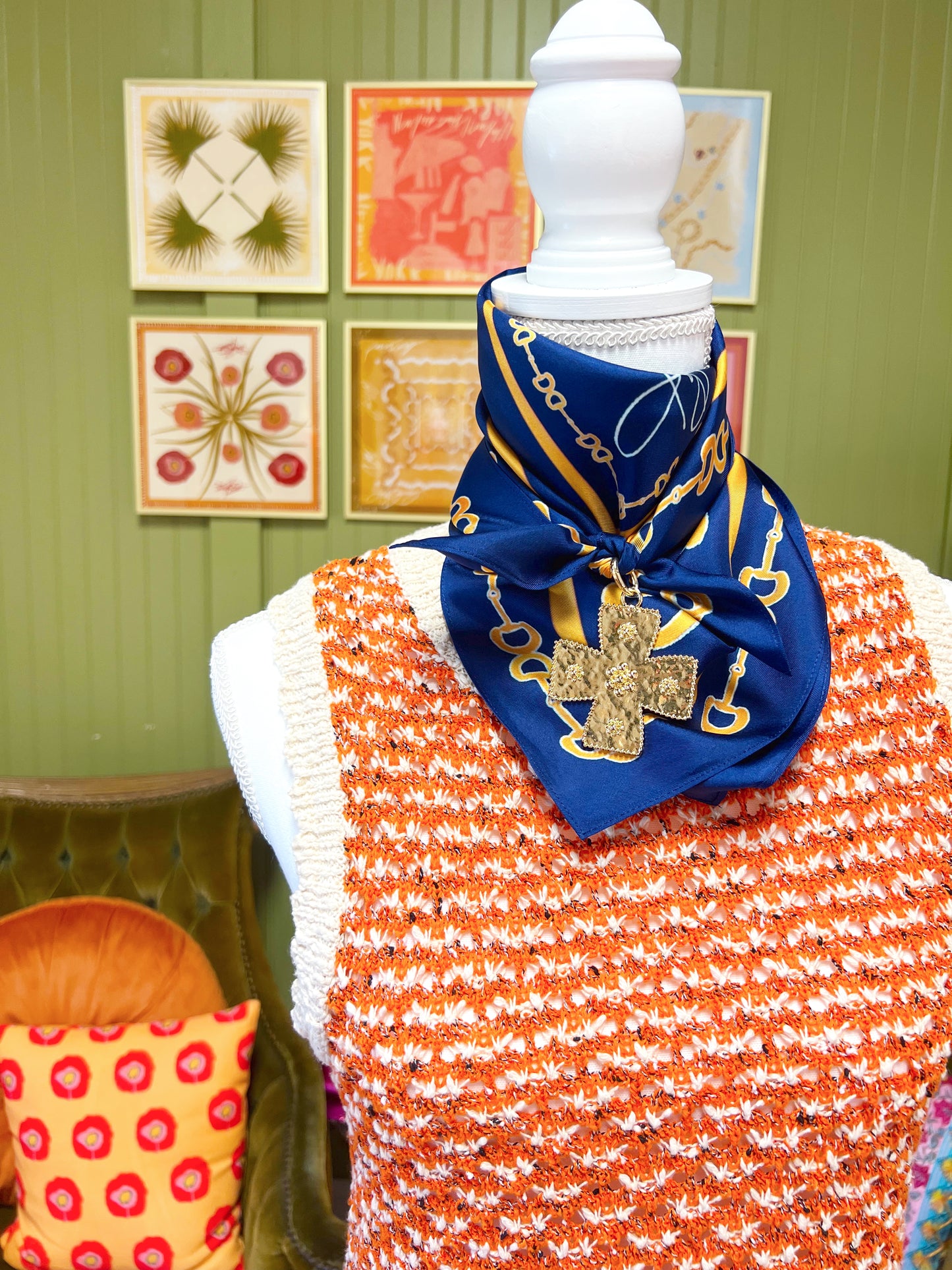 Gold & Navy Horsebit Silk Scarf