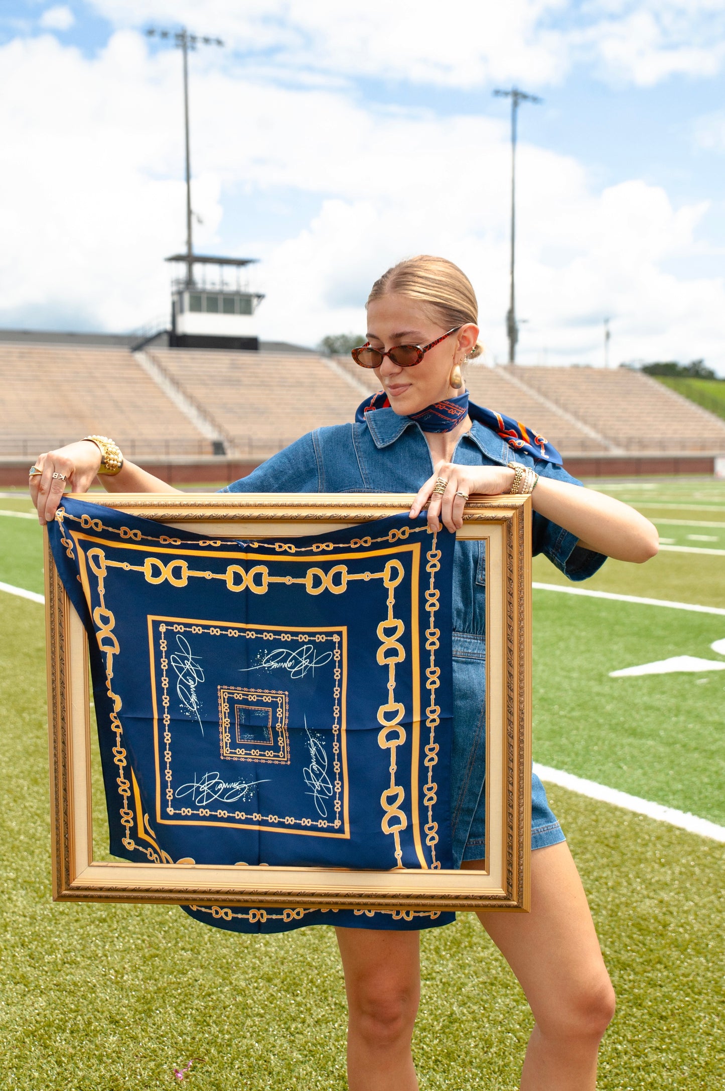 Gold & Navy Horsebit Silk Scarf