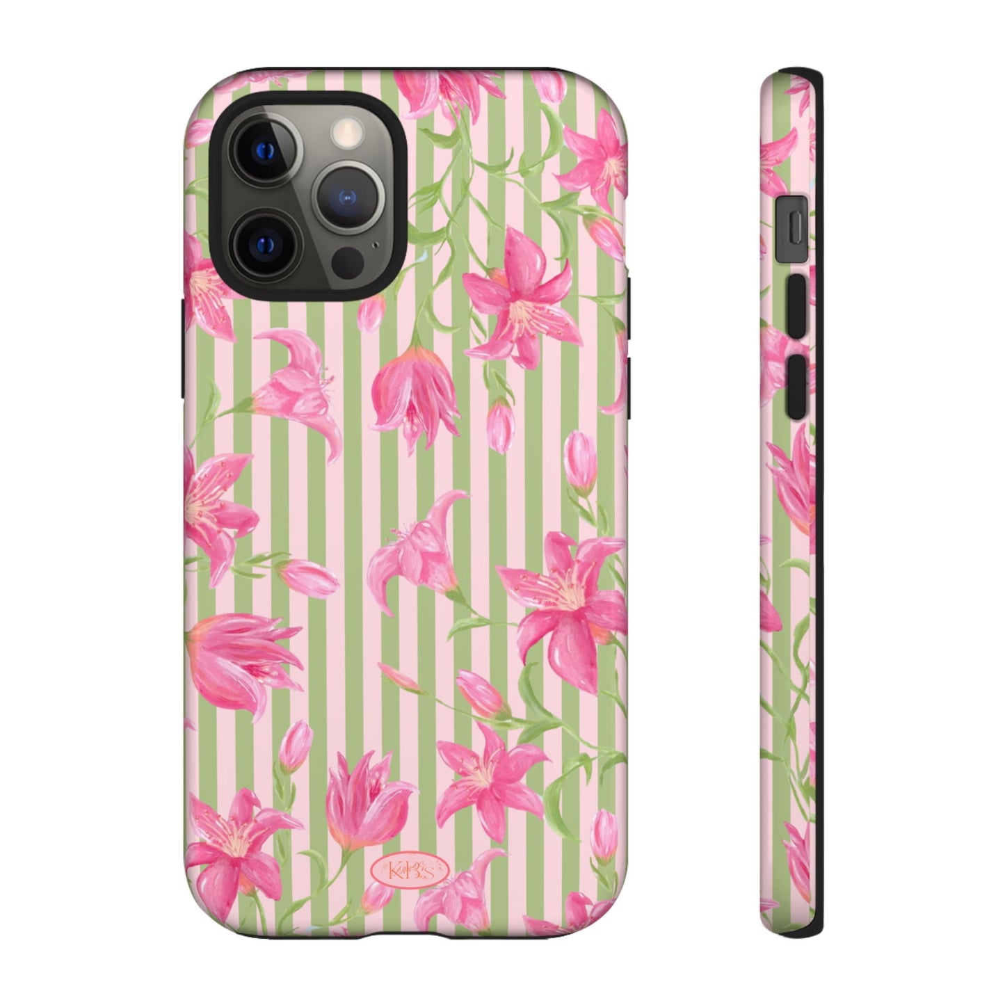 Floral Stripe Tough Phone Case — Pink Lily Pattern