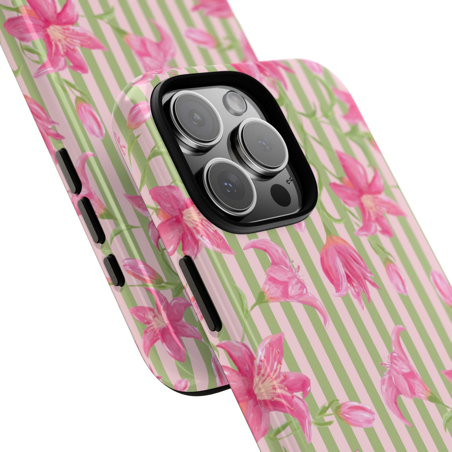 Floral Stripe Tough Phone Case — Pink Lily Pattern