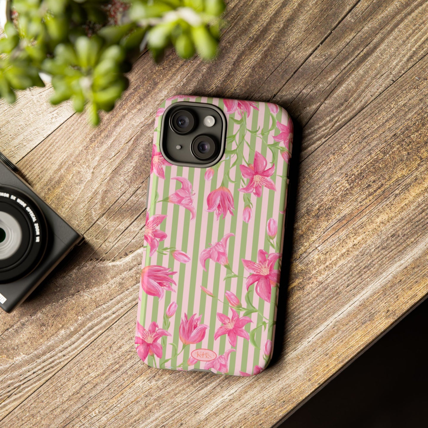 Floral Stripe Tough Phone Case — Pink Lily Pattern