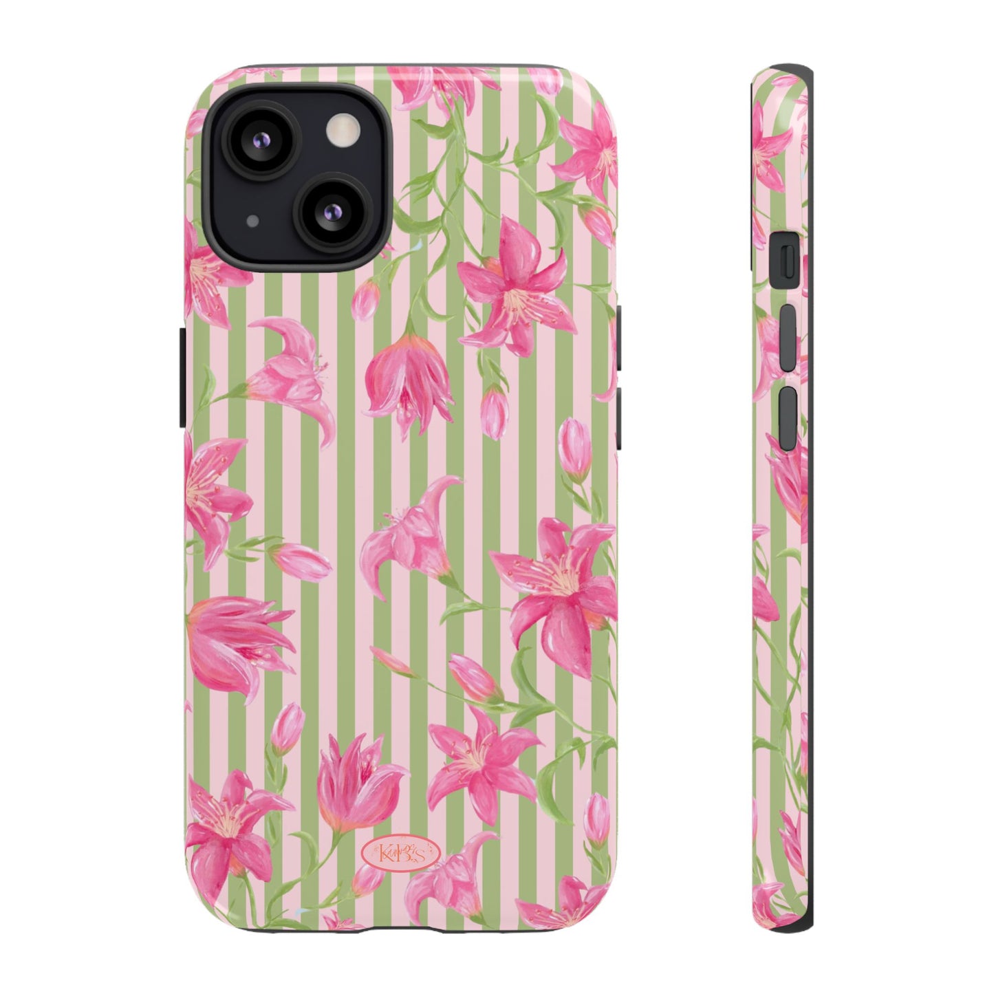 Floral Stripe Tough Phone Case — Pink Lily Pattern