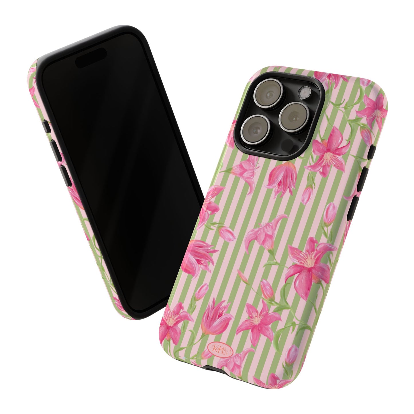 Floral Stripe Tough Phone Case — Pink Lily Pattern