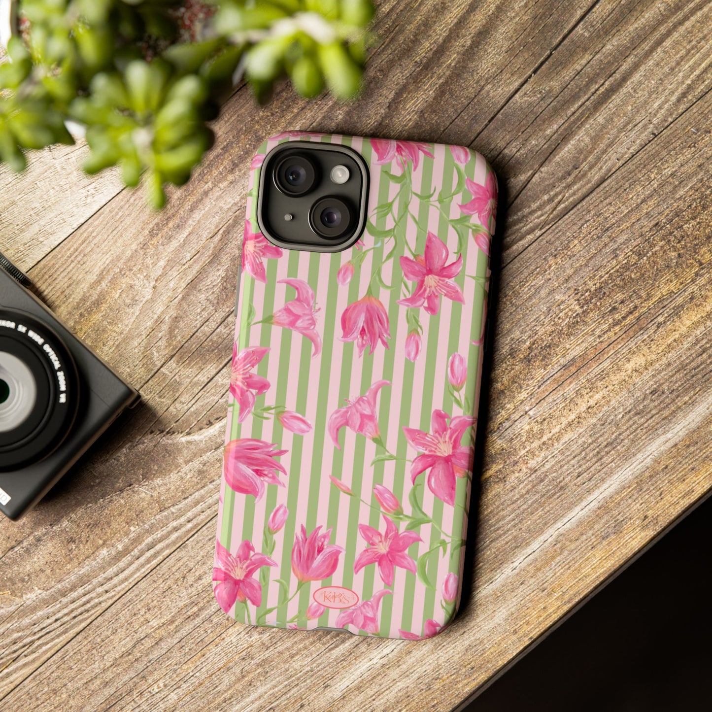 Floral Stripe Tough Phone Case — Pink Lily Pattern