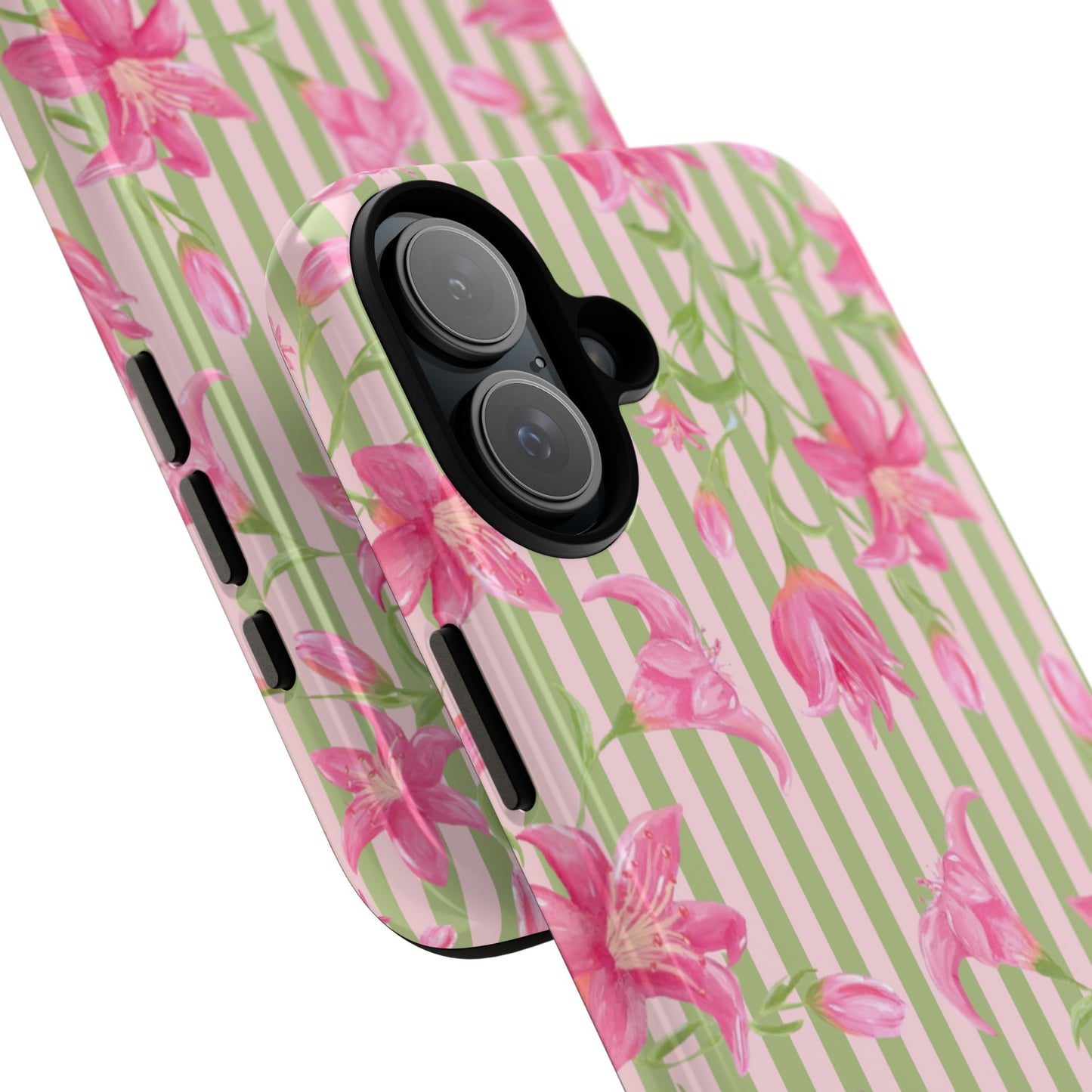 Floral Stripe Tough Phone Case — Pink Lily Pattern