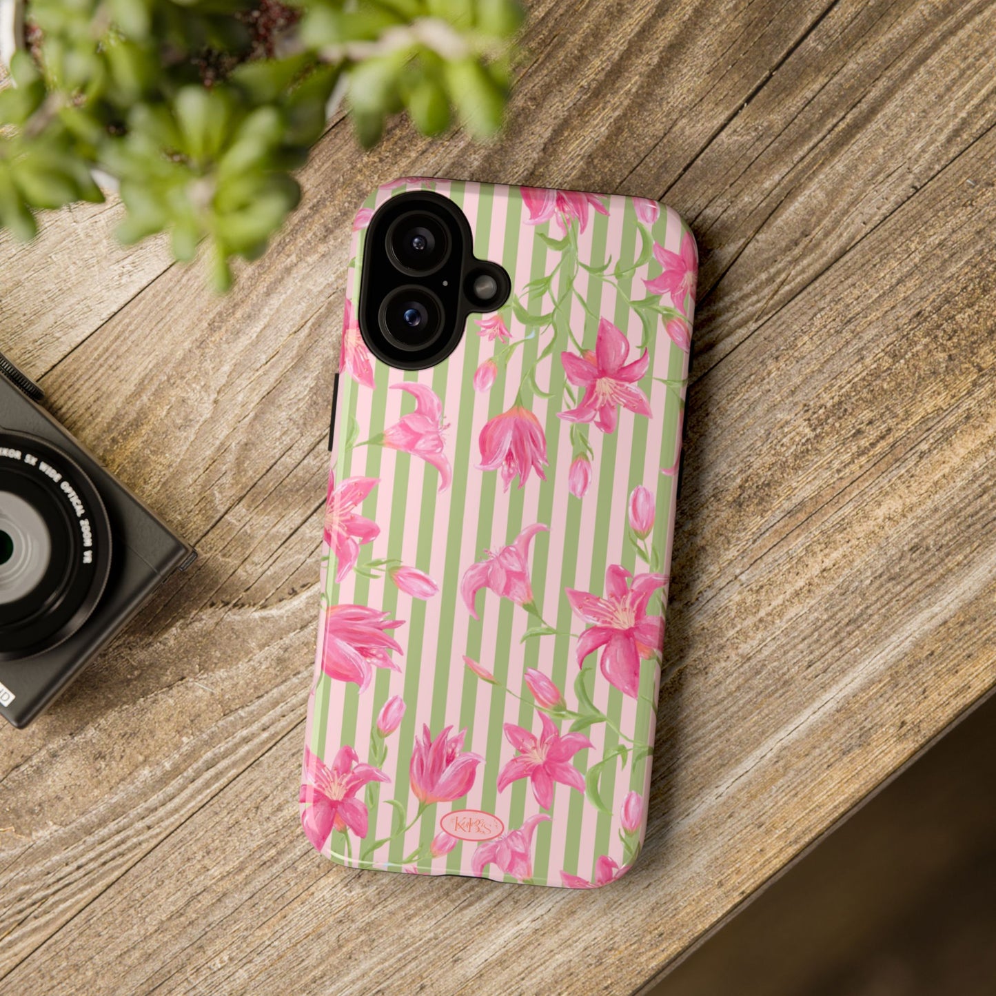Floral Stripe Tough Phone Case — Pink Lily Pattern