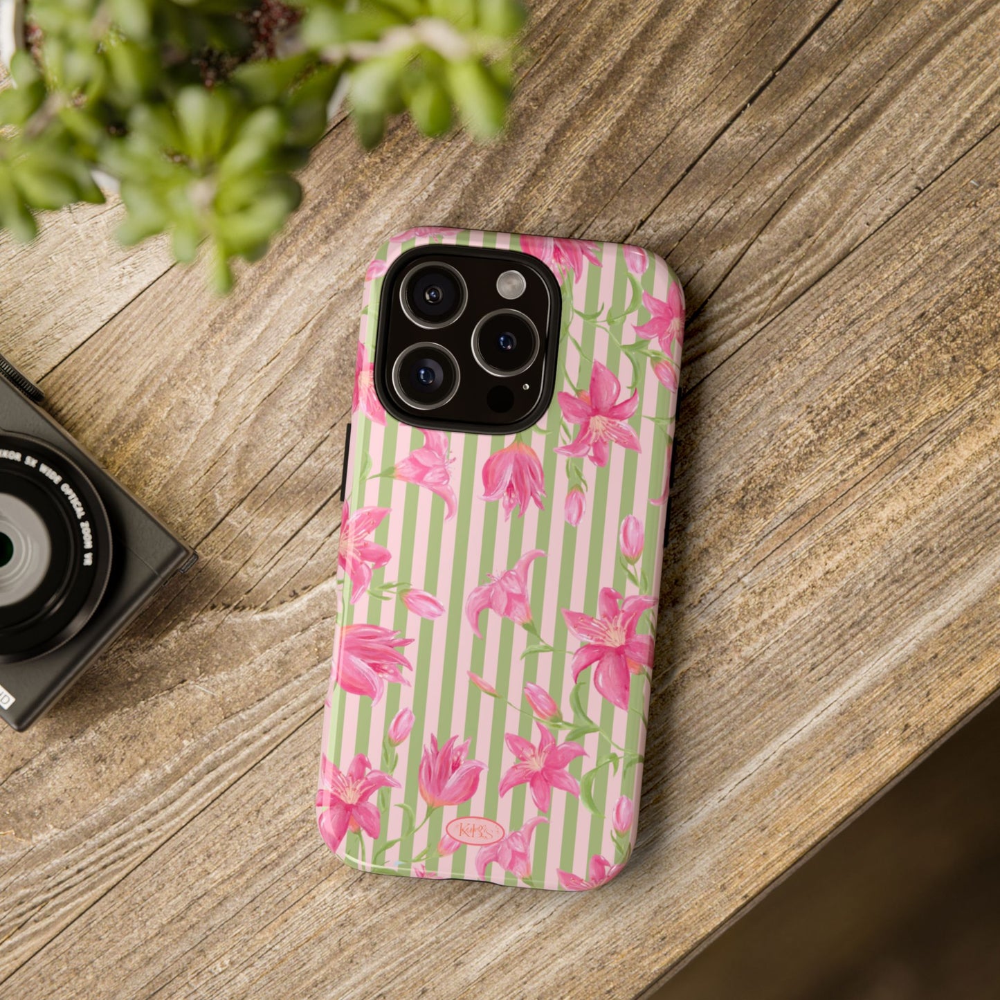 Floral Stripe Tough Phone Case — Pink Lily Pattern