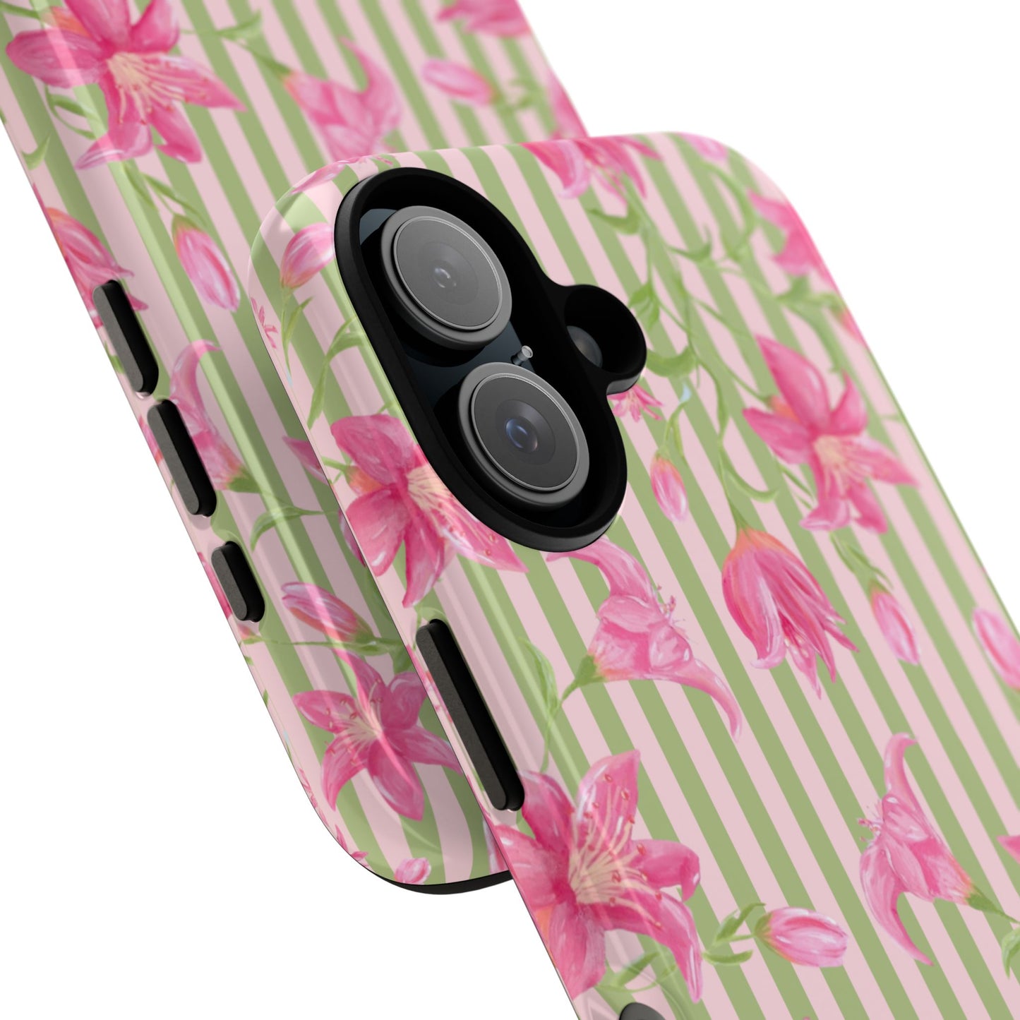Floral Stripe Tough Phone Case — Pink Lily Pattern
