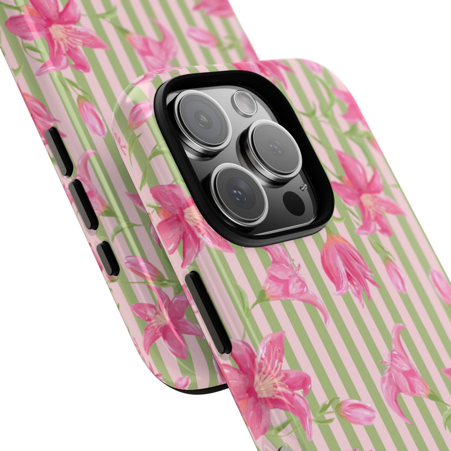 Floral Stripe Tough Phone Case — Pink Lily Pattern