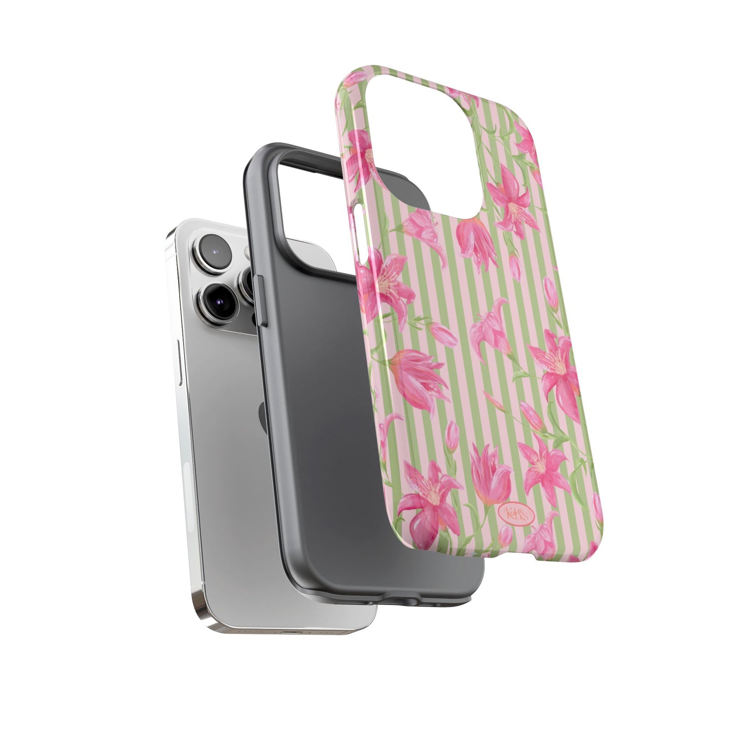 Floral Stripe Tough Phone Case — Pink Lily Pattern