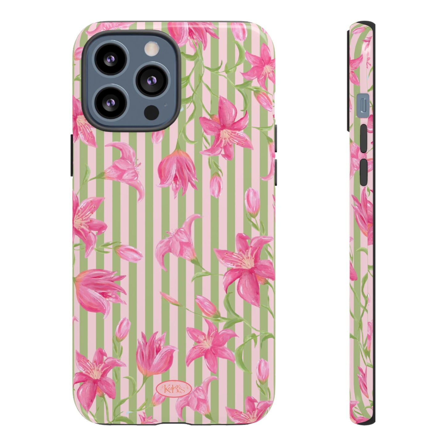 Floral Stripe Tough Phone Case — Pink Lily Pattern