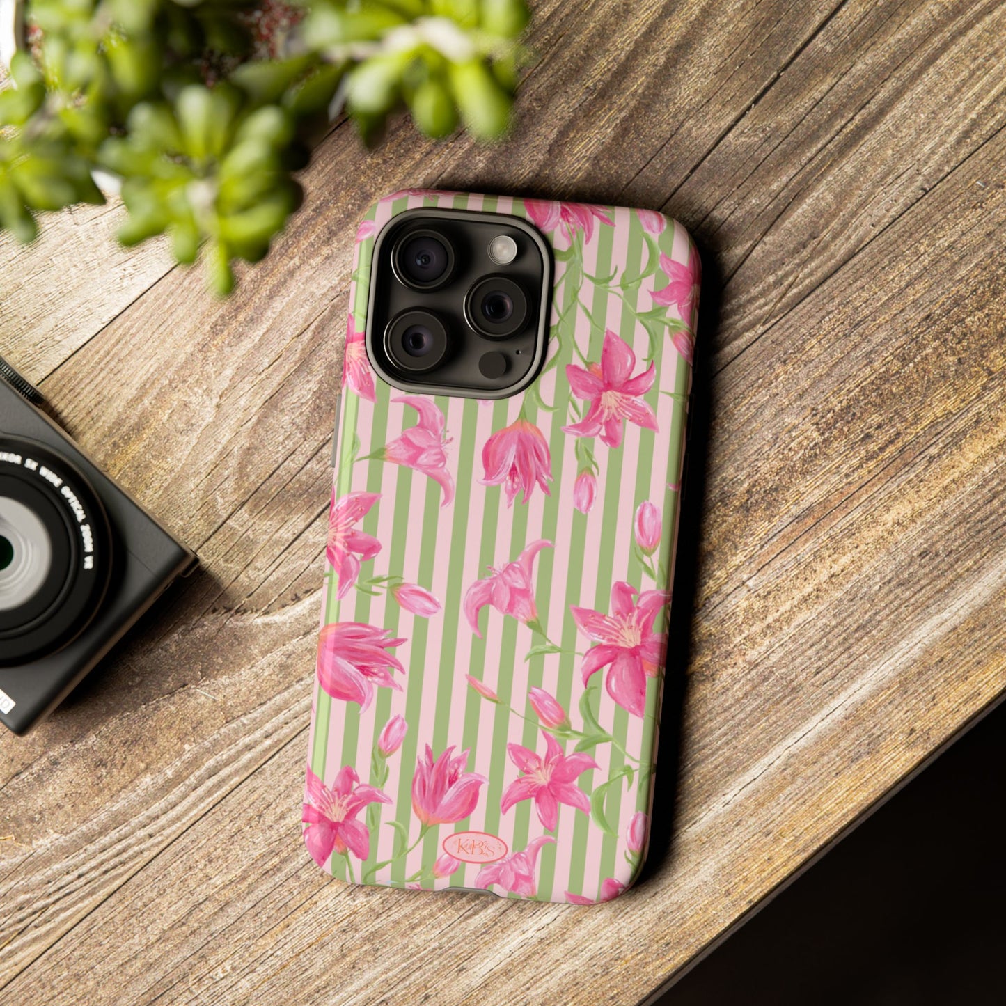 Floral Stripe Tough Phone Case — Pink Lily Pattern