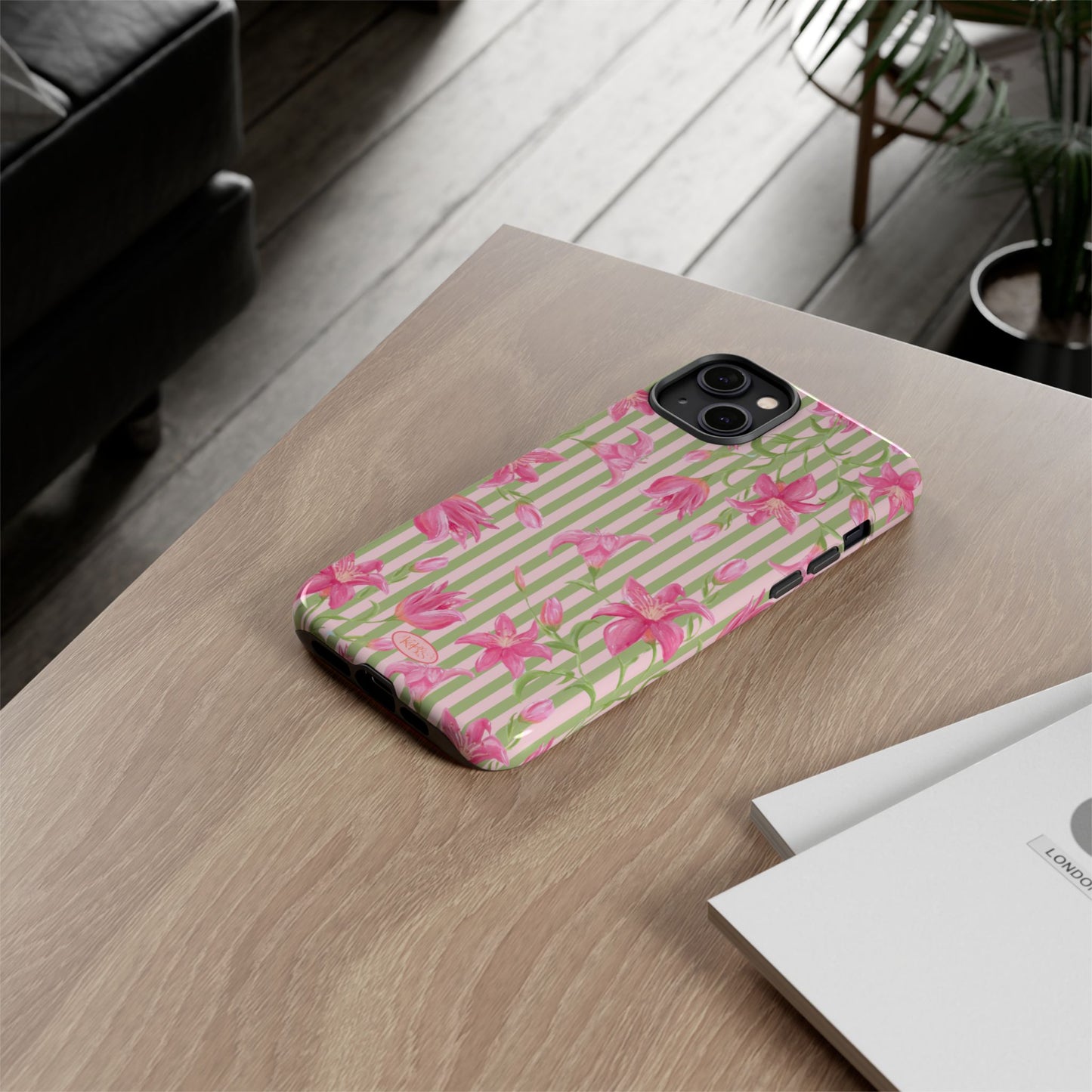 Floral Stripe Tough Phone Case — Pink Lily Pattern