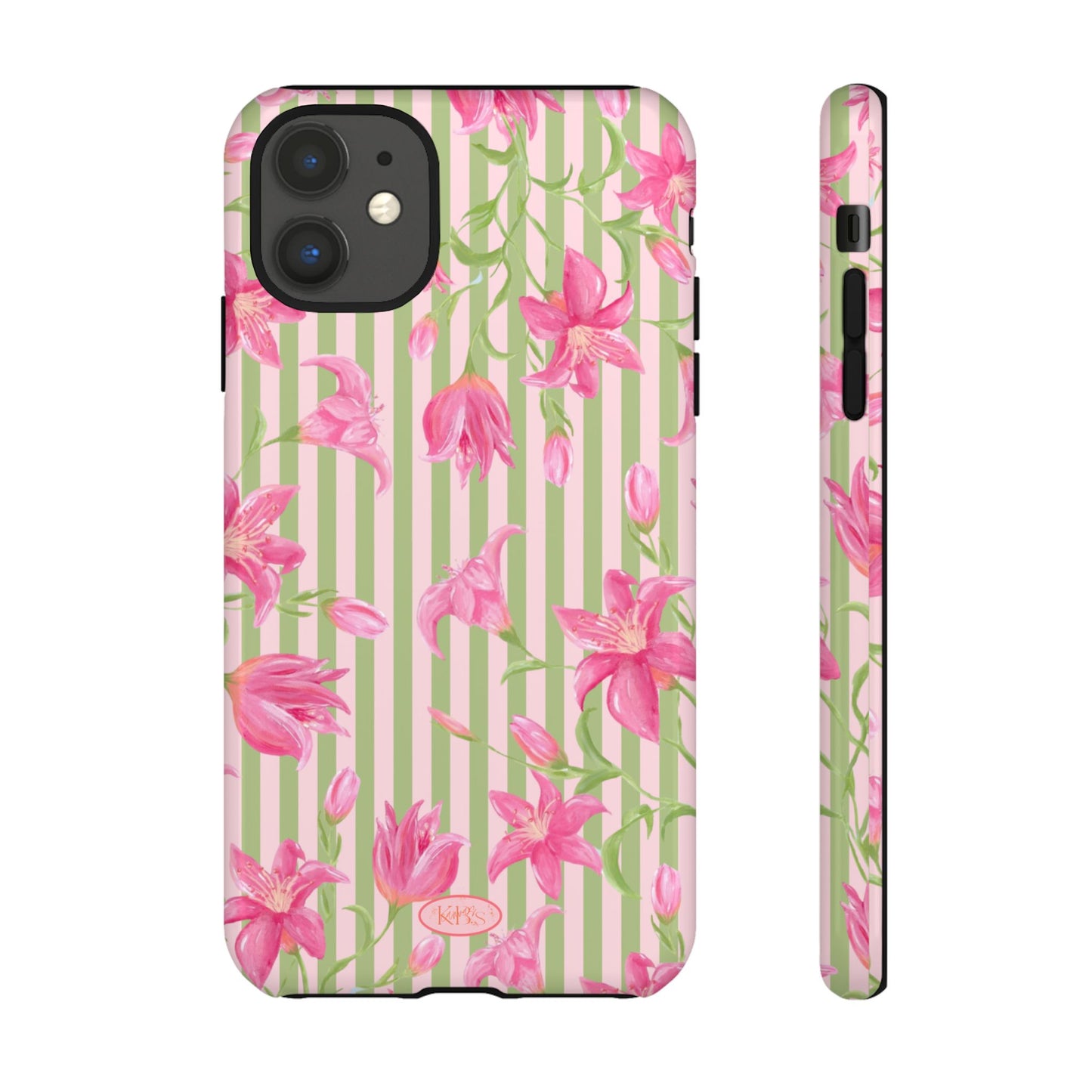 Floral Stripe Tough Phone Case — Pink Lily Pattern