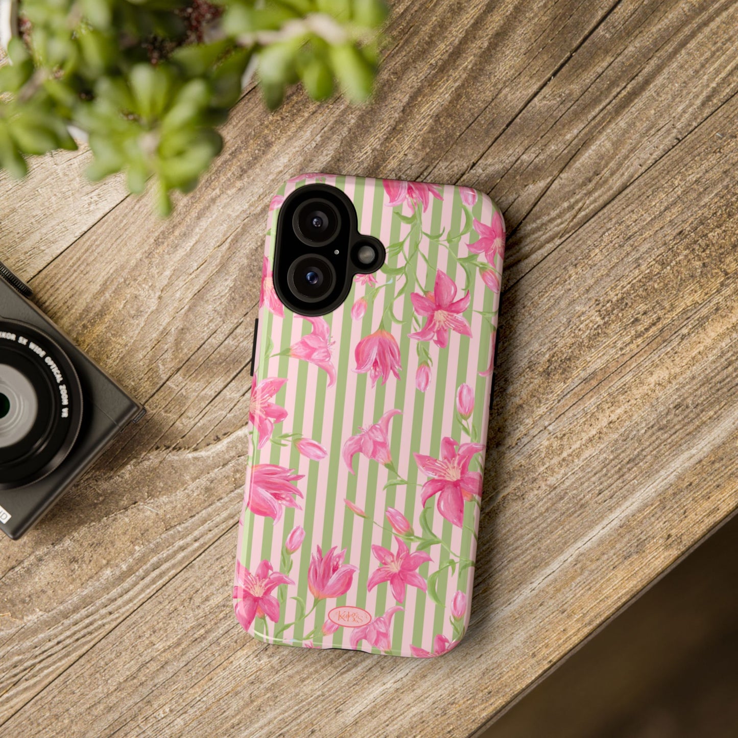 Floral Stripe Tough Phone Case — Pink Lily Pattern