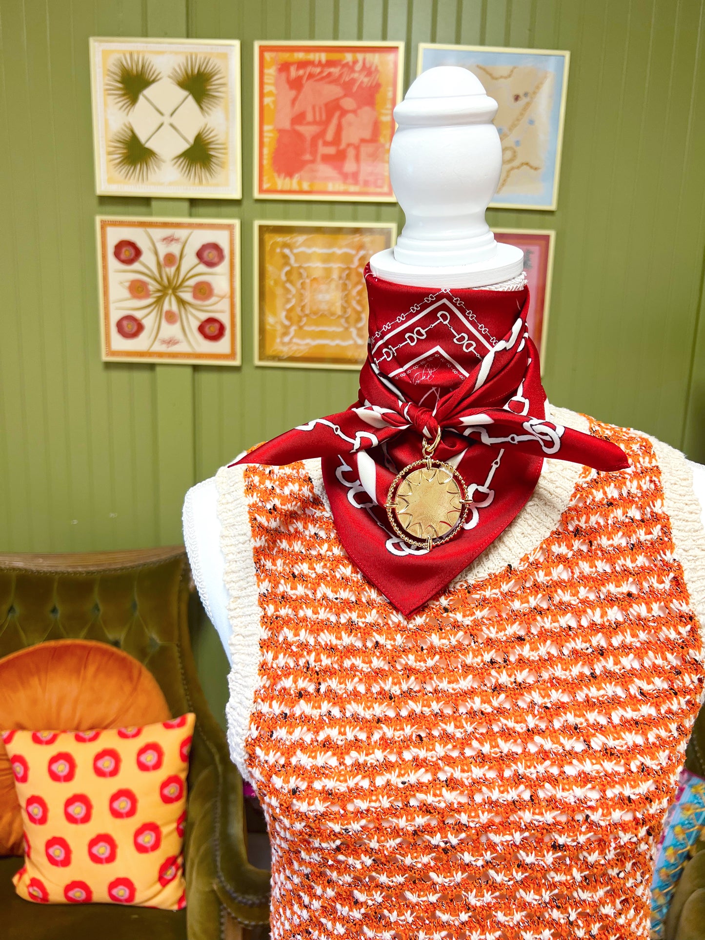 Maroon & White Horsebit Silk Scarf