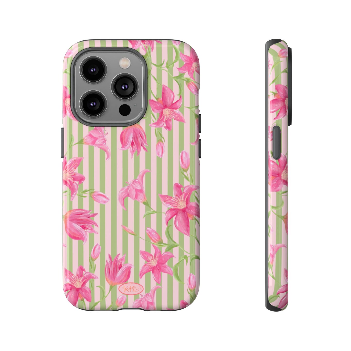 Floral Stripe Tough Phone Case — Pink Lily Pattern