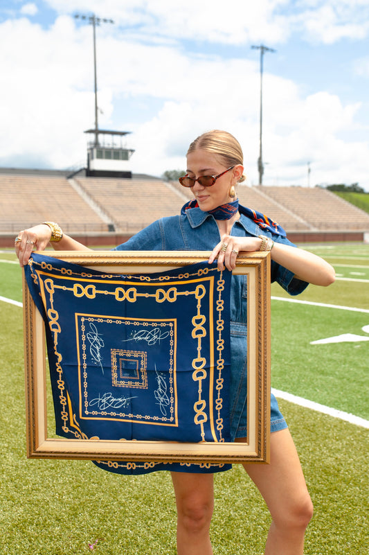 Gold & Navy Horsebit Silk Scarf