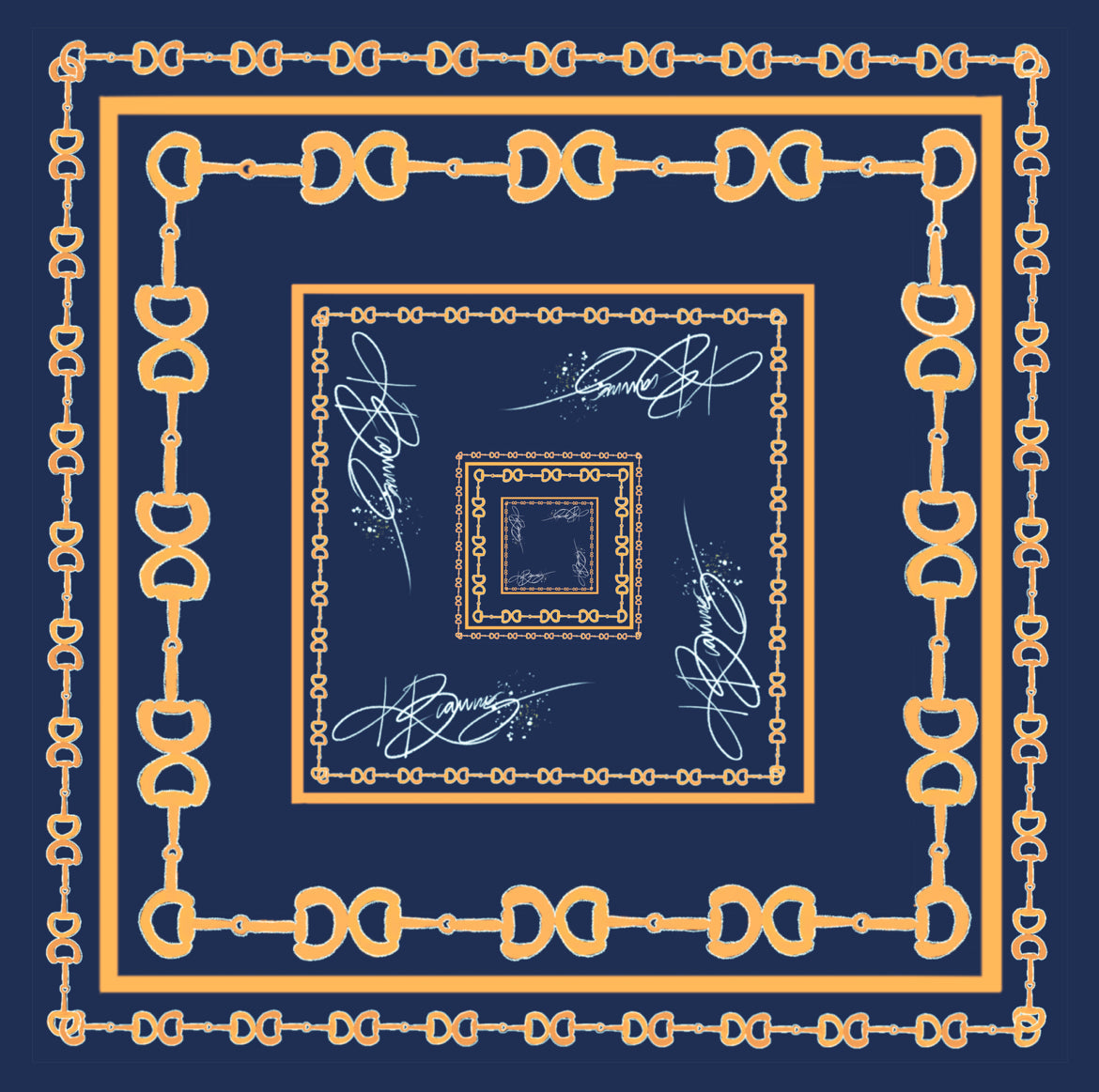 Gold & Navy Horsebit Silk Scarf